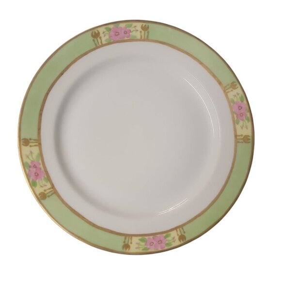Haivland France Dinner Plate 9.5" Gold Trim Green Yellow Pink Floral Hand Paint - Picture 1 of 9